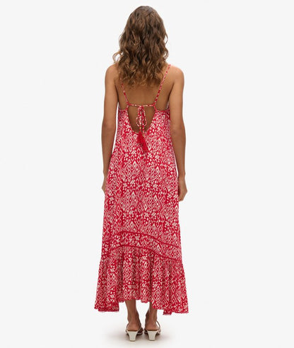Long Printed Cami Dress, Boho Red