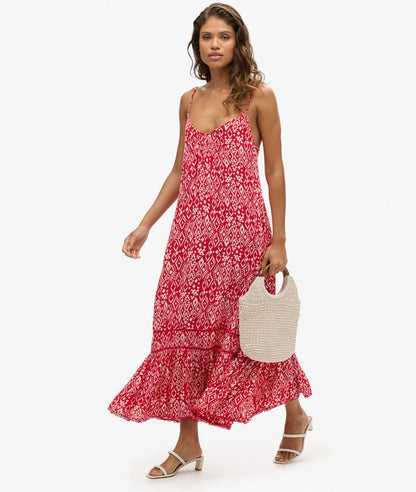 Long Printed Cami Dress, Boho Red
