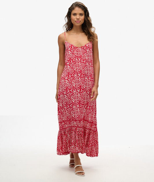 Long Printed Cami Dress, Boho Red