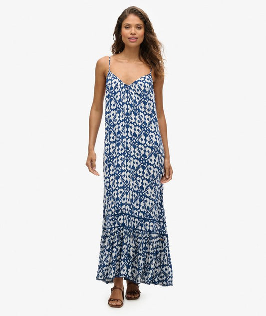 Long Printed Cami Dress, Arrow Ikat Blue