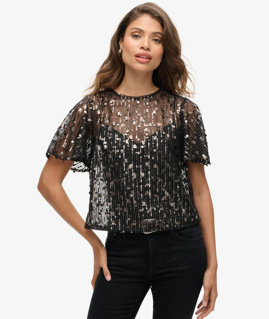 Sheer Short Sleeve Sequin Top