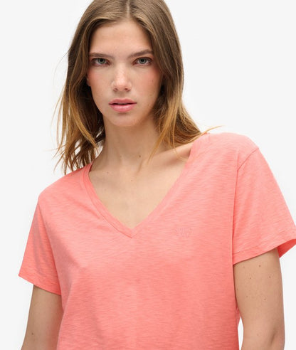 Slub Embroidered V-Neck T-Shirt, Peach Amber Pink