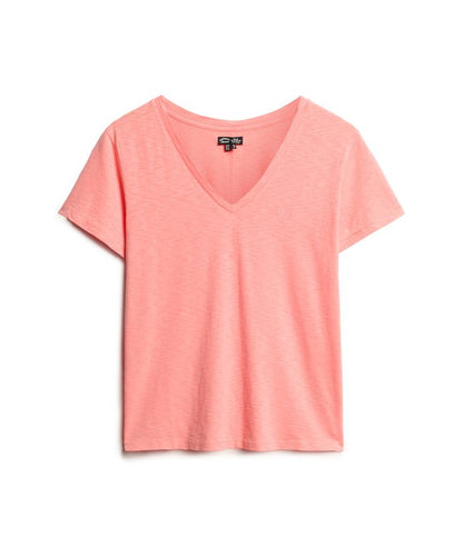 Slub Embroidered V-Neck T-Shirt, Peach Amber Pink