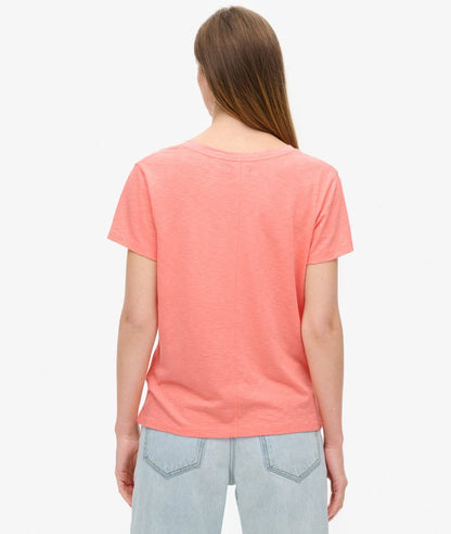 Slub Embroidered V-Neck T-Shirt, Peach Amber Pink