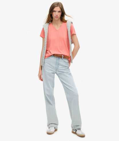 Slub Embroidered V-Neck T-Shirt, Peach Amber Pink