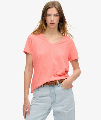 Slub Embroidered V-Neck T-Shirt, Peach Amber Pink