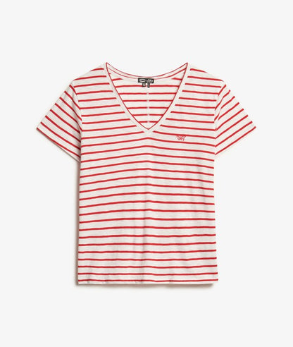 Slub Embroidered V-Neck T-Shirt, Varsity Red/Optic Stripe