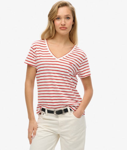 Slub Embroidered V-Neck T-Shirt, Varsity Red/Optic Stripe