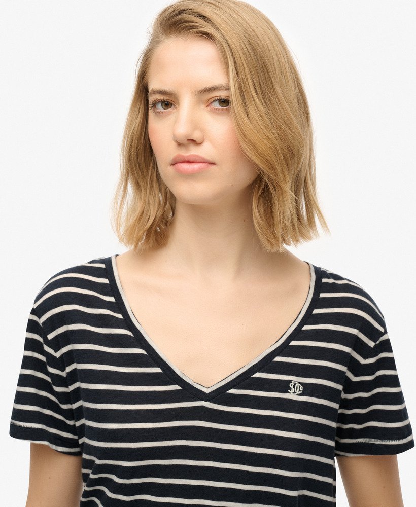 Slub V-Neck T-Shirt, Navy/White Stripe