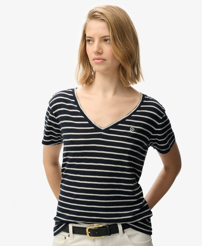 Slub V-Neck T-Shirt, Navy/White Stripe