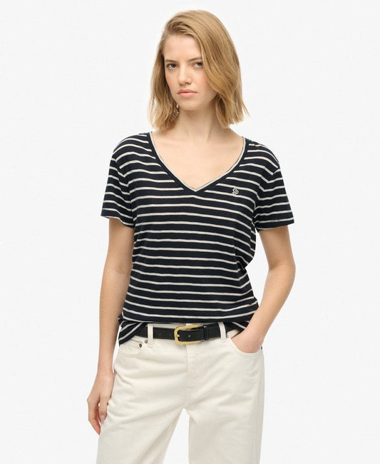 Slub V-Neck T-Shirt, Navy/White Stripe