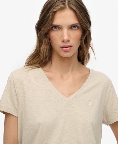 Slub V-Neck T-Shirt,  Beige