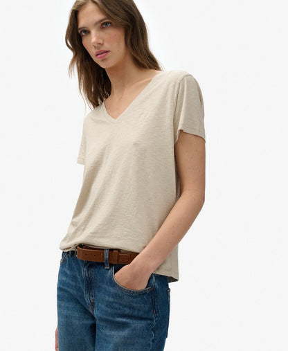 Slub V-Neck T-Shirt,  Beige