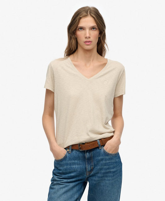Slub V-Neck T-Shirt,  Beige