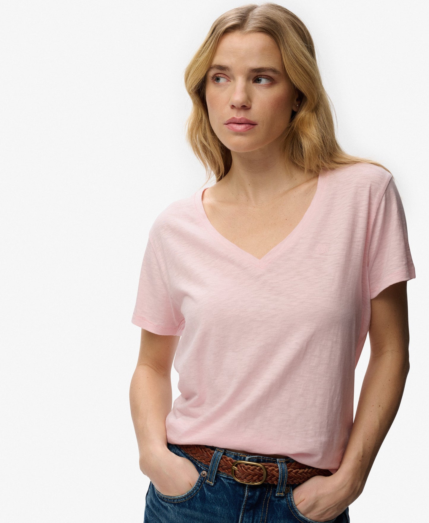 Slub V-Neck T-Shirt,  Light Pink