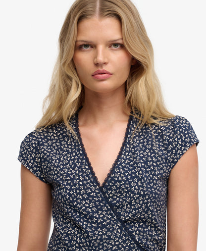 Floral Lace Trim Wrap Dress