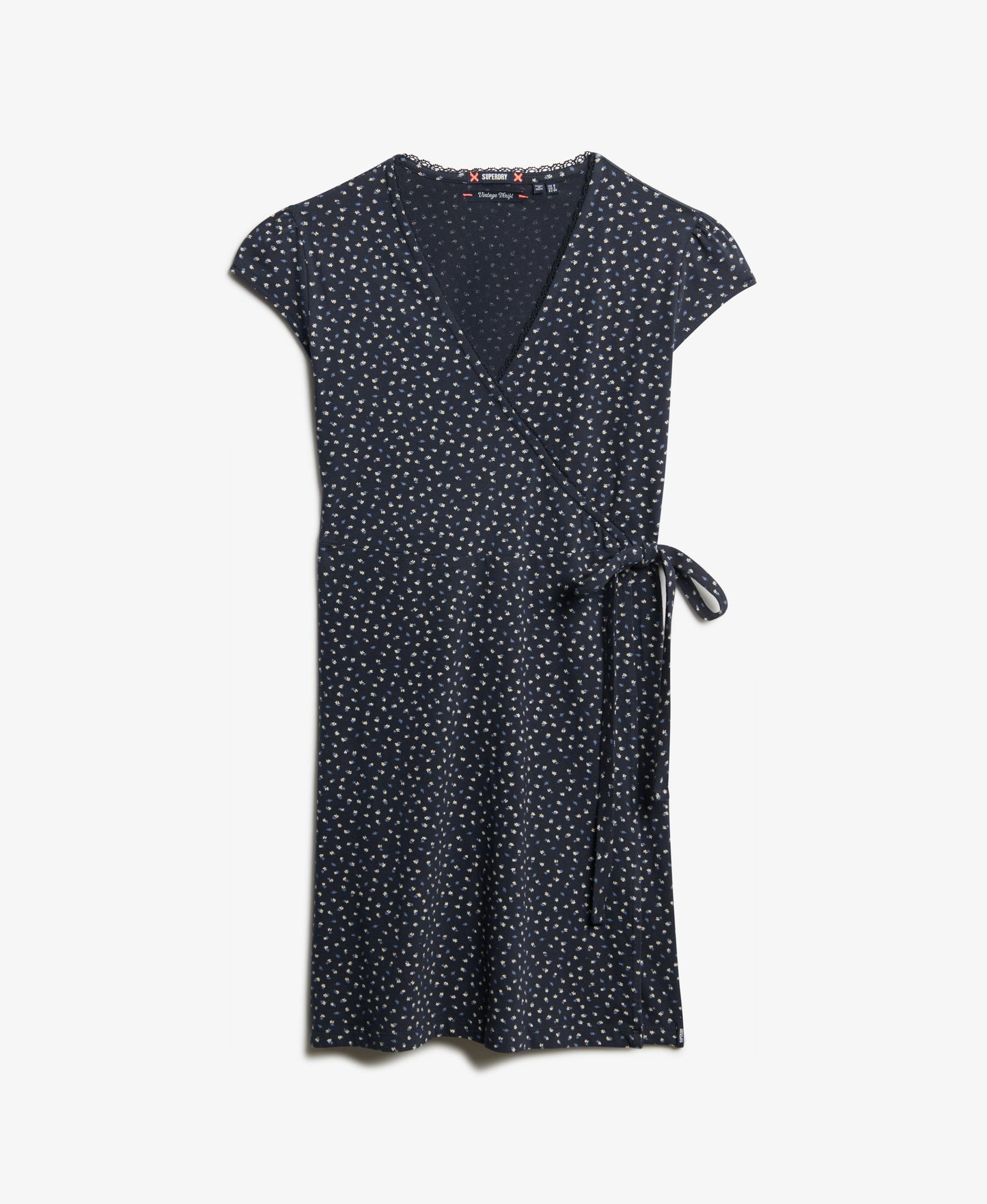 Floral Lace Trim Wrap Dress, Navy Petal