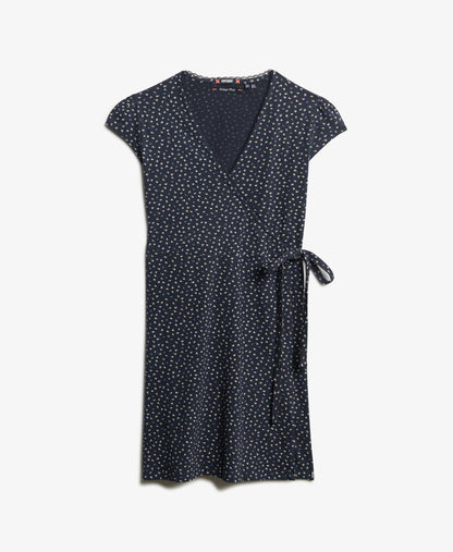 Floral Lace Trim Wrap Dress, Navy Petal