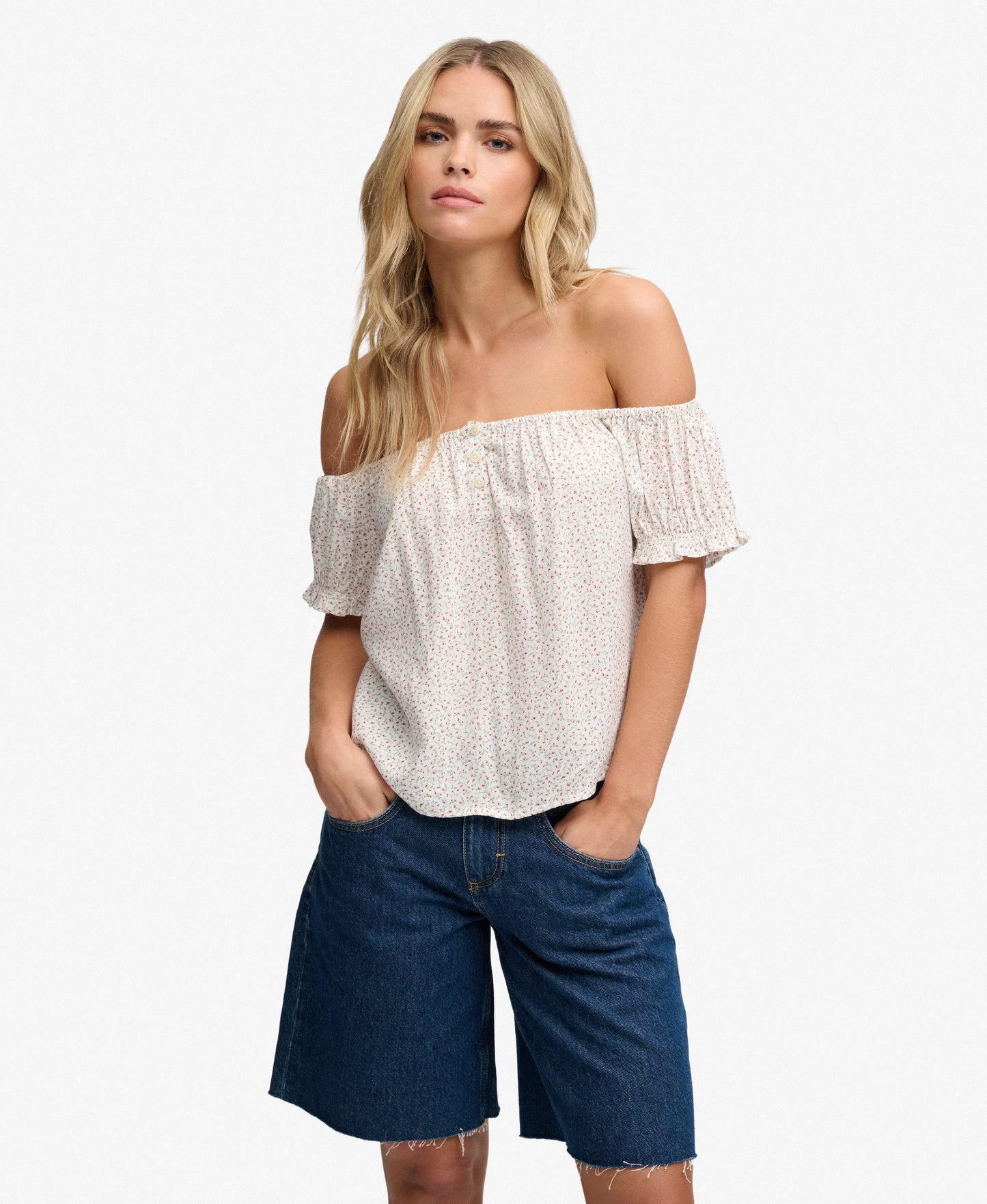 Ditsy Floral Bardot Top, Off White