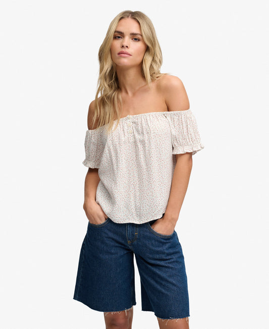 Ditsy Floral Bardot Top, Off White