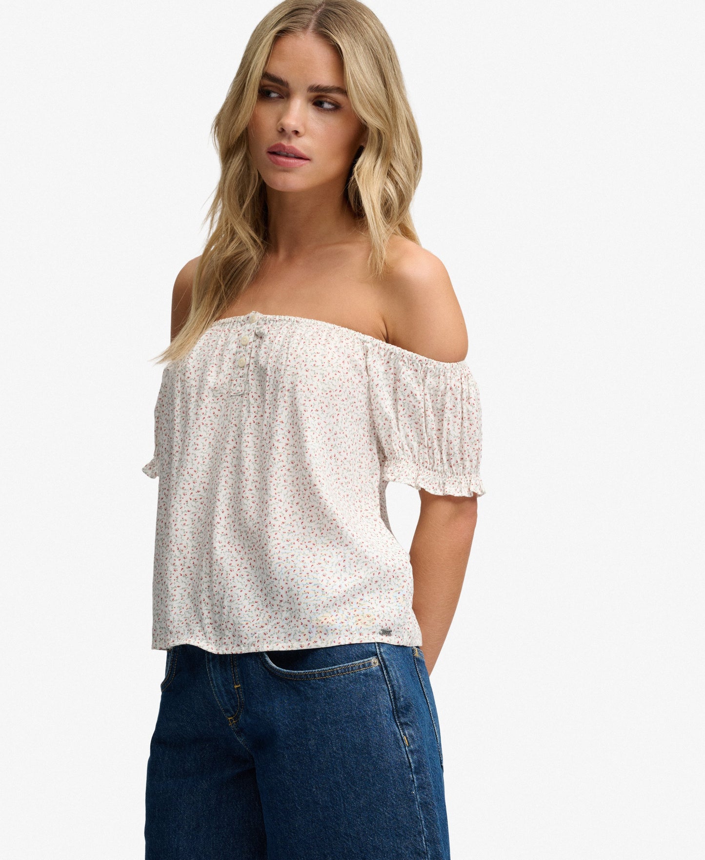 Ditsy Floral Bardot Top, Off White